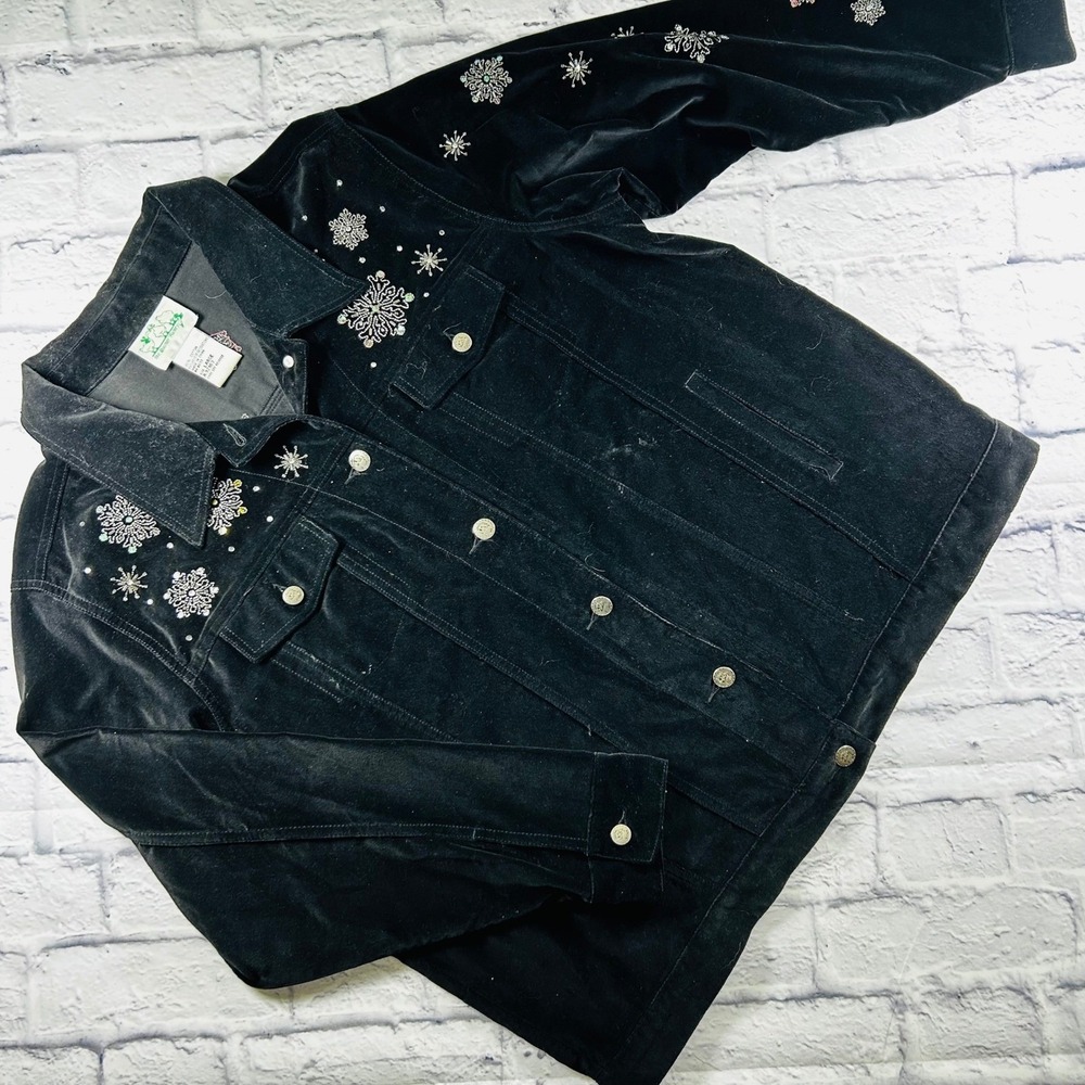 Quacker Factory Black Velvet Snowman Jacket Beaded Snowflake Christmas Large